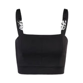 Top corto negro grunge con tirantes de cadena metálica
